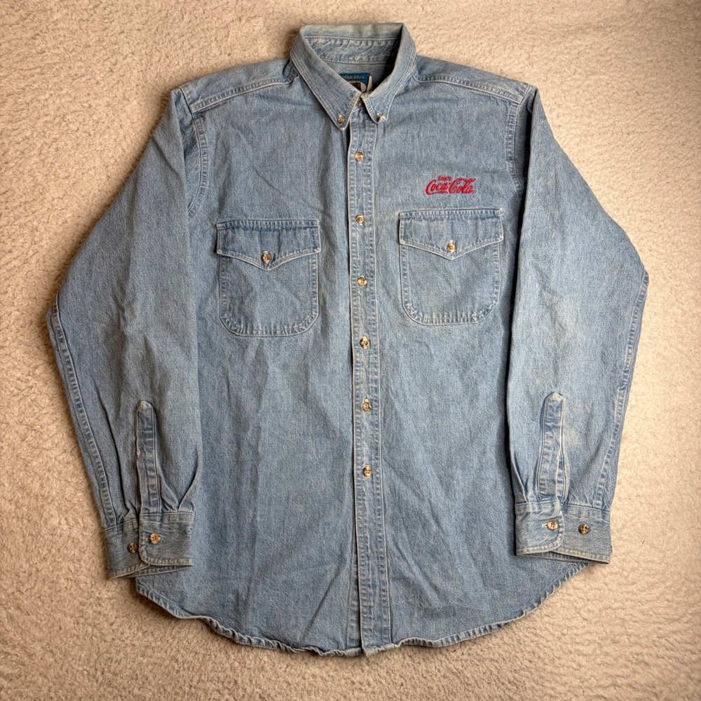 Vintage Bear Back Coca-Cola Denim Shirt Mens Large Light Wash Button Down USA